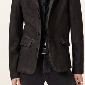 AllSaints Anthracite Survey Layered Waxed Suede Leather Blazer Jacket Sz Small